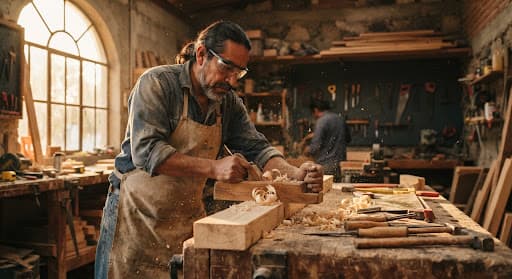 Carpintero cepillando una tabla de pino en su taller, con el aserrín suspendido en la luz de la mañana.