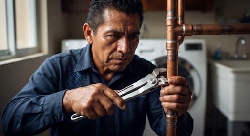 Plomero ajustando con llave de tubo las juntas de cobre de una instalación hidráulica doméstica.